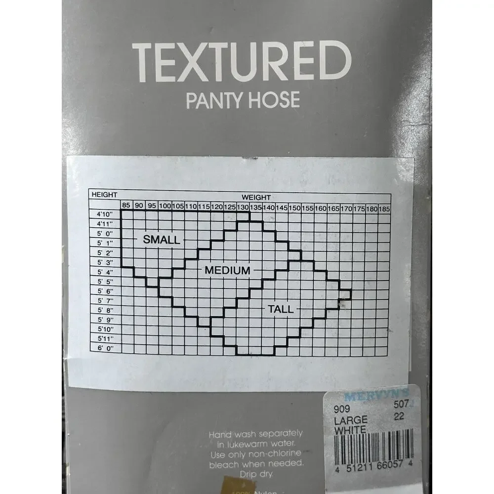 VTG Mervyn’s Rose Textured Nylon Pantyhose White Style 909 Sz USA Sz Long Large